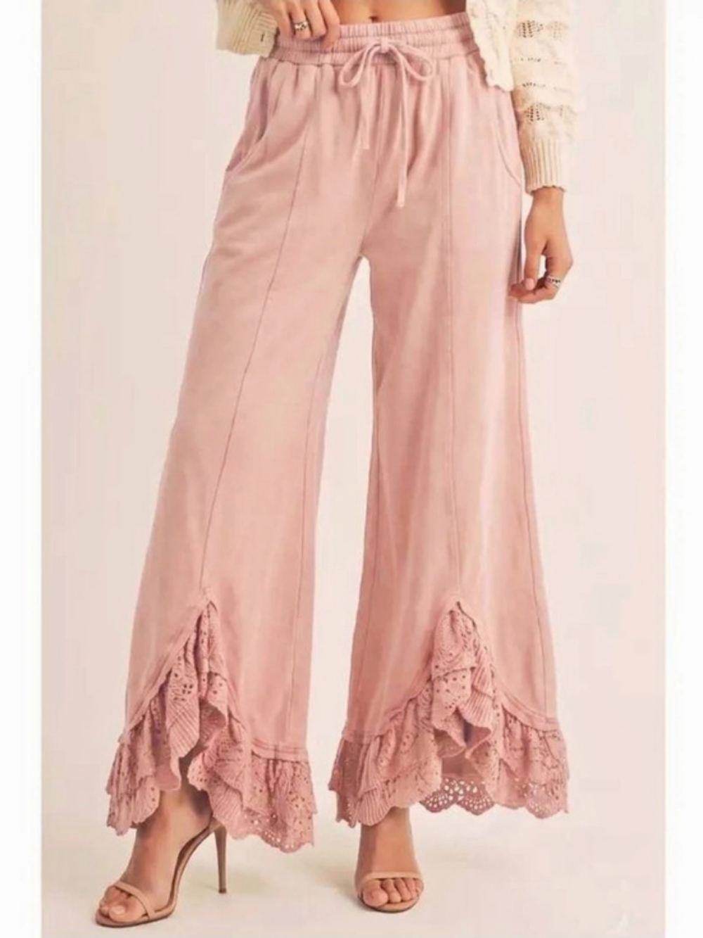Ive Romantic Lace Pull-On Wide-Leg Pants Champagne Pink